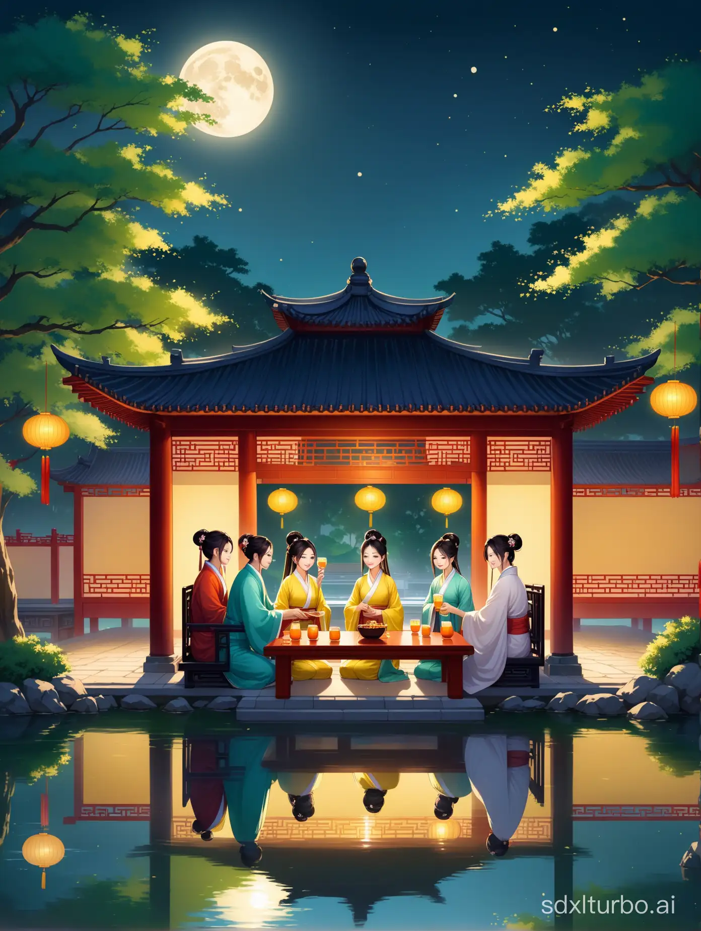 A traditional Chinese Mid-Autumn Festival celebration under the full moon, featuring ancient Chinese scholars in Hanfu (traditional Han Chinese clothing) gathered around a table, enjoying a drink and laughing merrily. The setting is a classical Chinese garden with a pavilion, stone paths, lush greenery, and a serene pond reflecting the moonlight. The atmosphere is joyous and festive, imbued with a sense of timeless elegance and cultural richness.