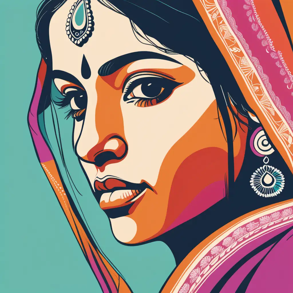 Ilustración de colores y líneas solidas del rostro de una mujer india 
