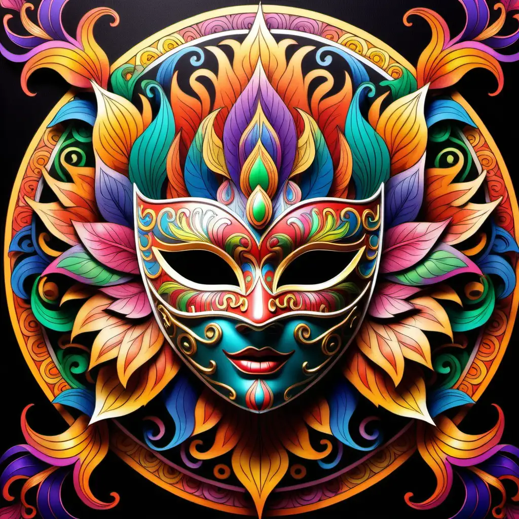 adult coloring book, full vibrant color. Illustrated, dark-lined, no shading, highly detailed. symmetrical 3d mandala with flame details. intricate masquerade mask