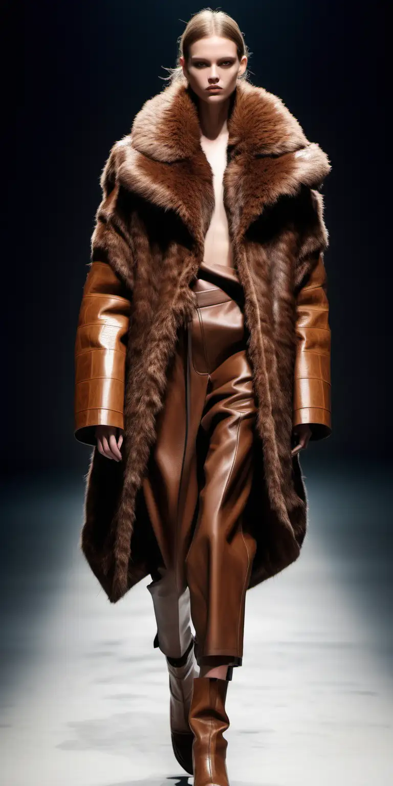brown colors, fur detail,  oversize outfit, model, full body look, crocodile leather, loose fit avant-garde, fur detail, 80's style shoulders, Craft a fashion concept that blends futuristic aesthetics with nomadic influences. Envision garments that seamlessly merge functionality with style, incorporating innovative materials and bold silhouettes. Consider how this fashion line caters to a nomadic lifestyle in a technologically advanced society,