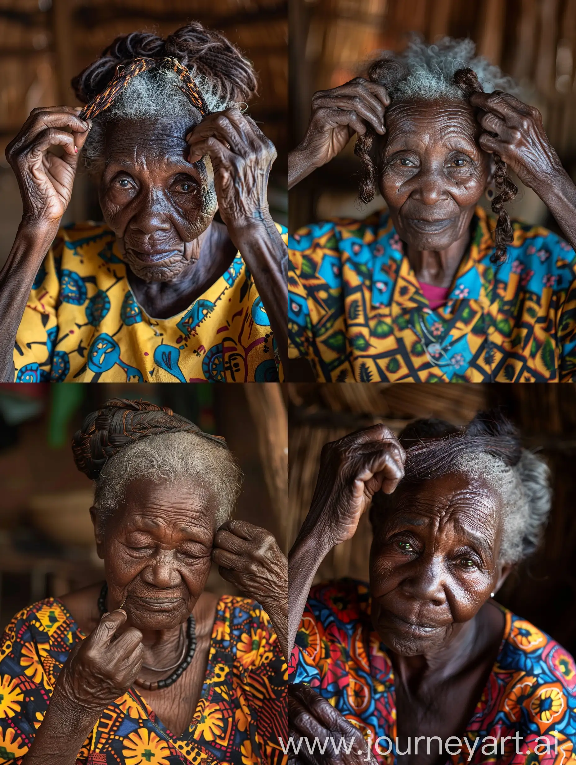 Old African woman tying her hair