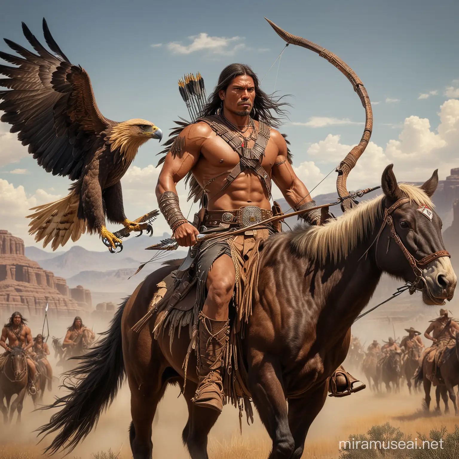 Guerrero apache alto musculoso guapo con alas grandes largas de aguila que le salen de la espalda, va a caballo con arco y flecha persiguiendo al enemigo y una gigantesca aguila real junto a él y de fondo búfalos y vaqueros 