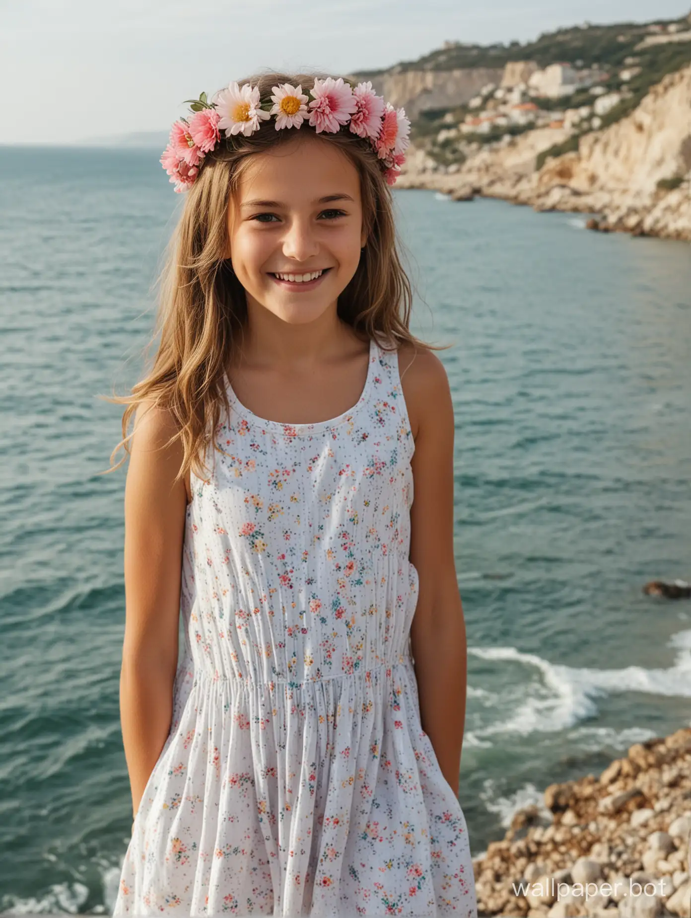 11-year-old girl, dress, flower crown on her head, full height, smile, Crimea, view of the sea, side view
