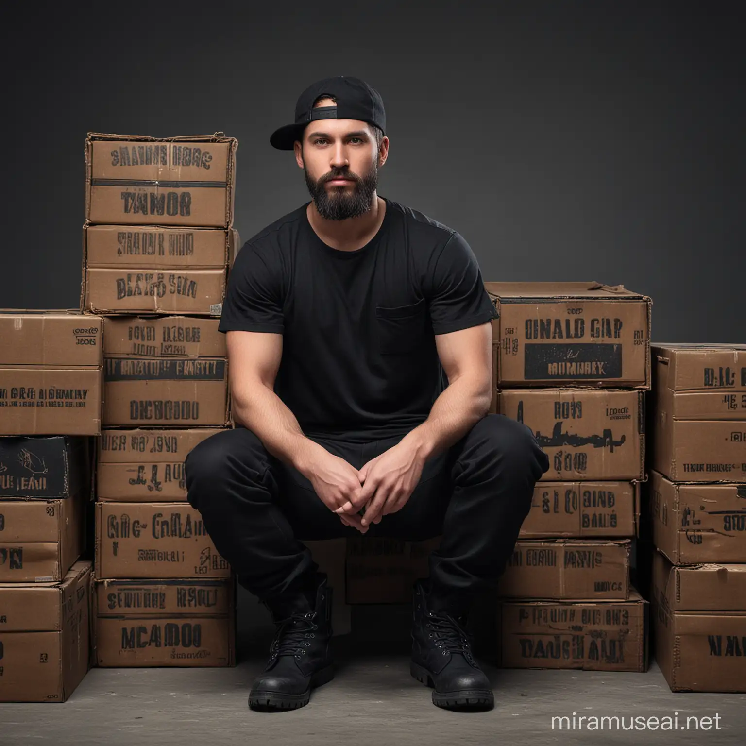 Young Man in Modern Black Attire Sitting on Ammo Boxes