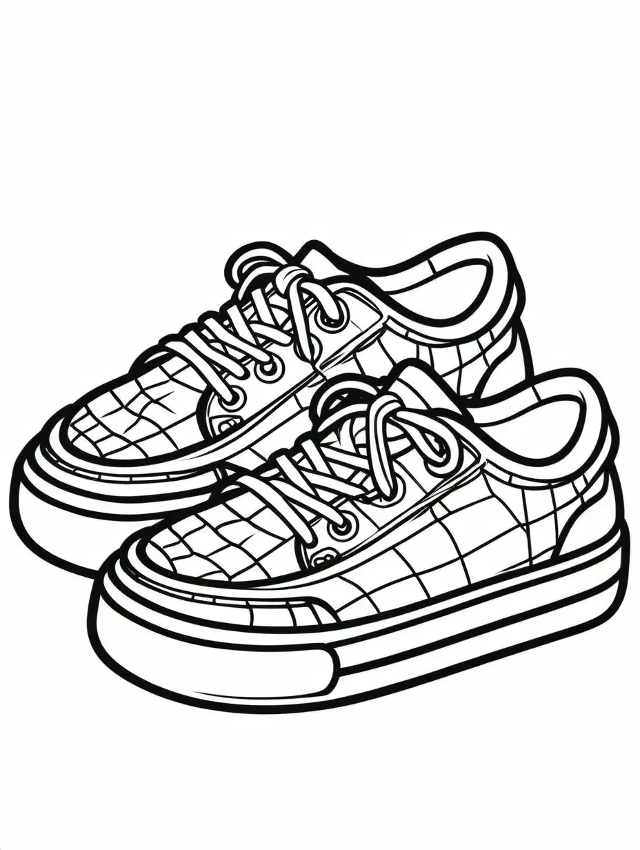 pair of croc shoes coloring book, black and white, line art, thick black lines no background no logo