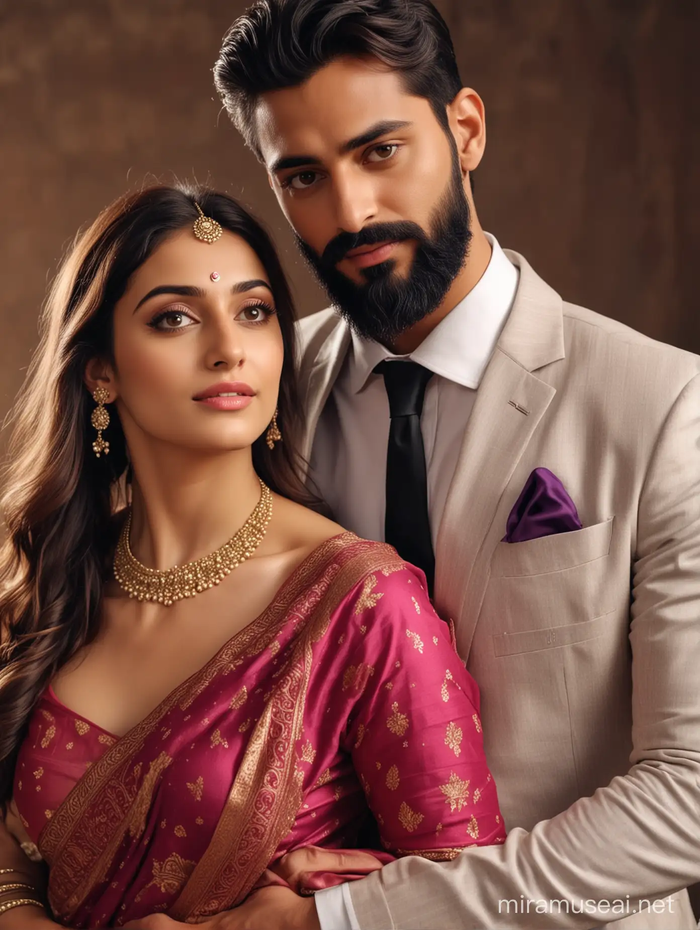 full photo os most beautiful european couple as most beautiful indian couple, most beautiful girl in saree, full makeup, holding man from back side, . hands around man neck from back of man, with emotional attachment and ecstasy, man with stylish beard and in  formals and tie, photo realistic, 4k.