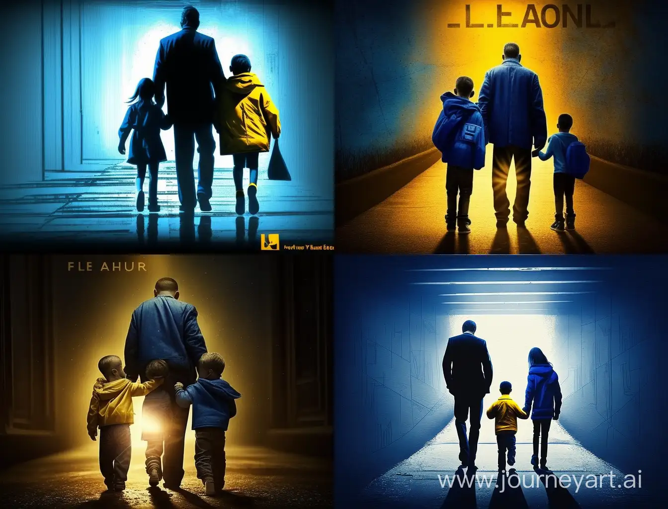 Successful-Father-Guides-Children-on-the-Path-to-Financial-Hope-with-Blue-and-Yellow-Illumination