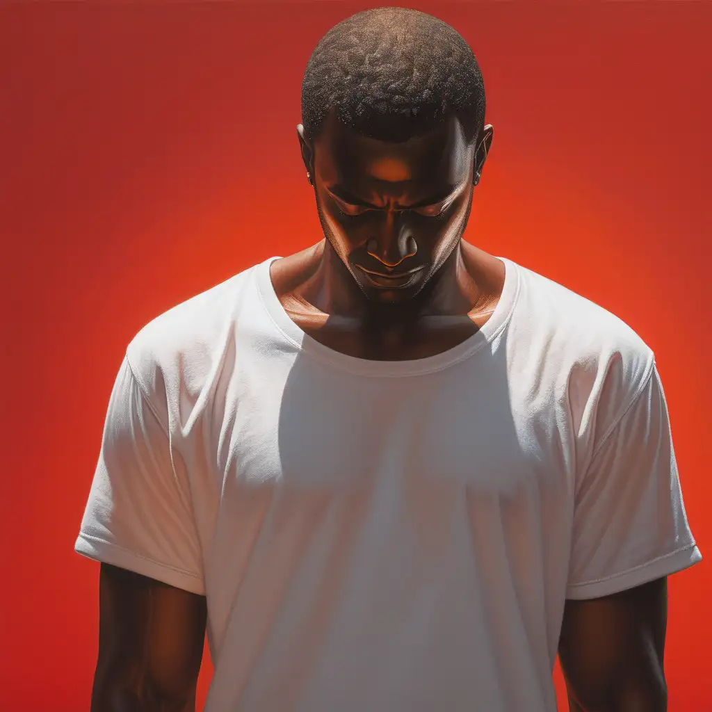 Masculine Dark skin Man standing, wearing white t shirt, head facing forward, head down, eyes closed, light shining down on him, red background, Renaissance