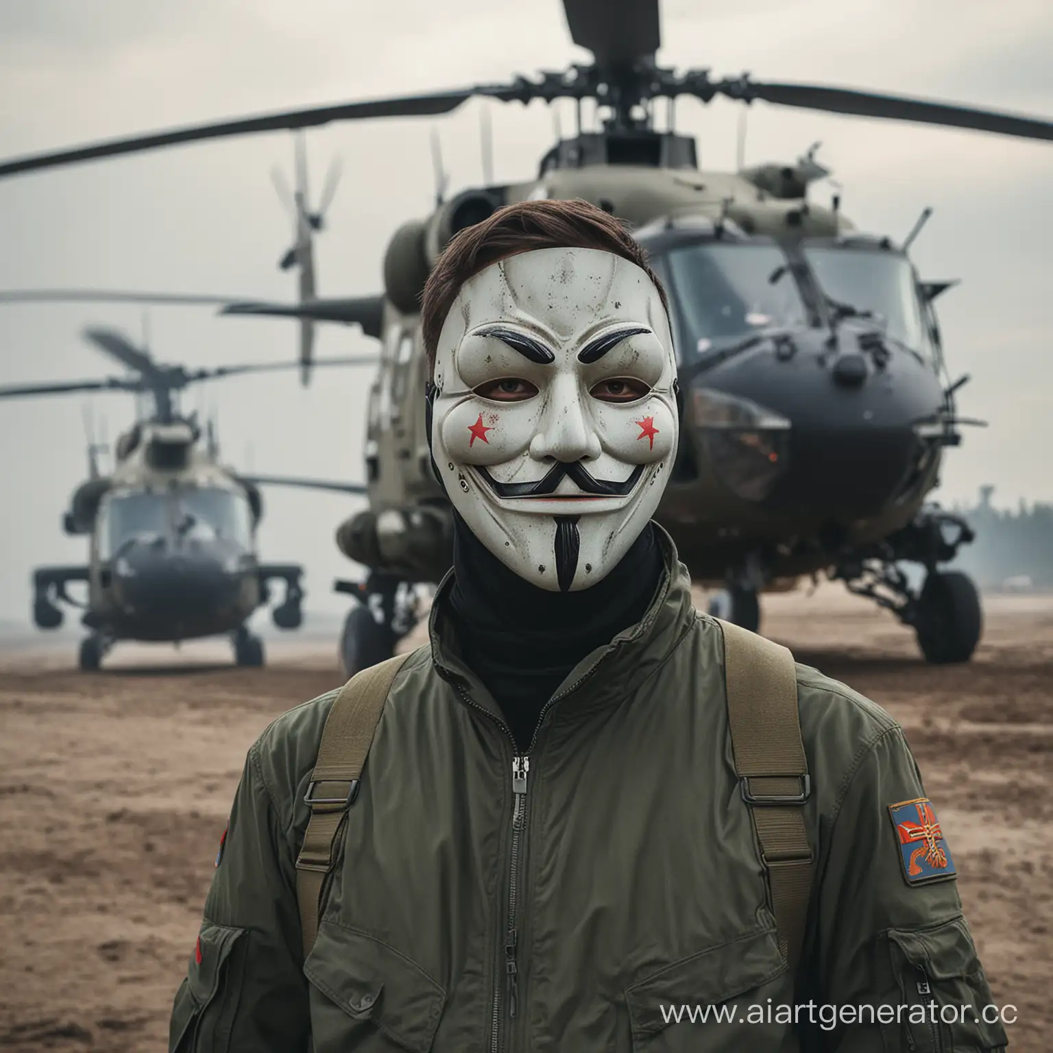 A man in an Anonymous mask on the background of two flying Russian military helicopters