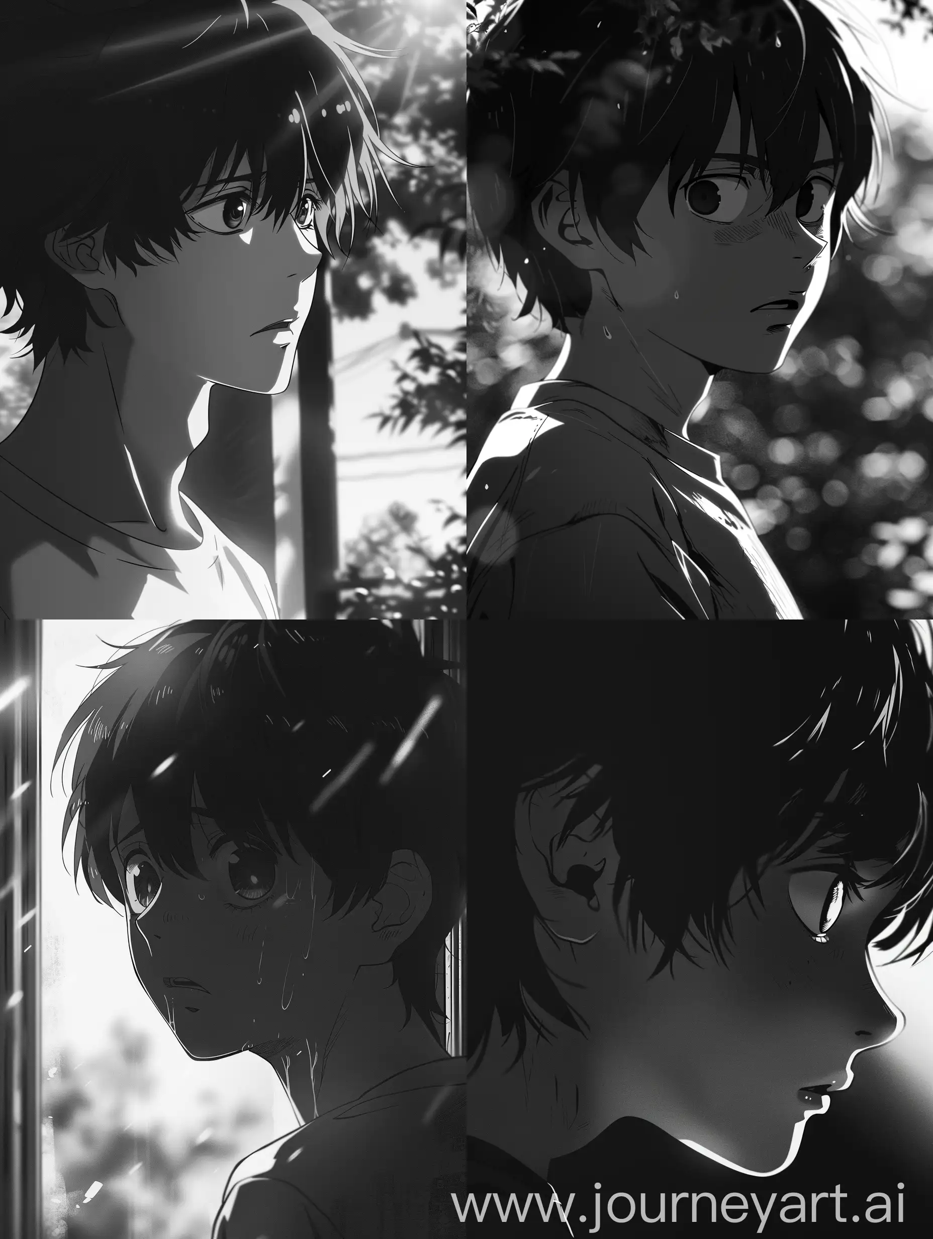 A shot of the 18 year old boy character gazing into the distance, their eyes filled with resolve and determination, hinting at their determination to make their life count.black and white,dramatic,anime style.