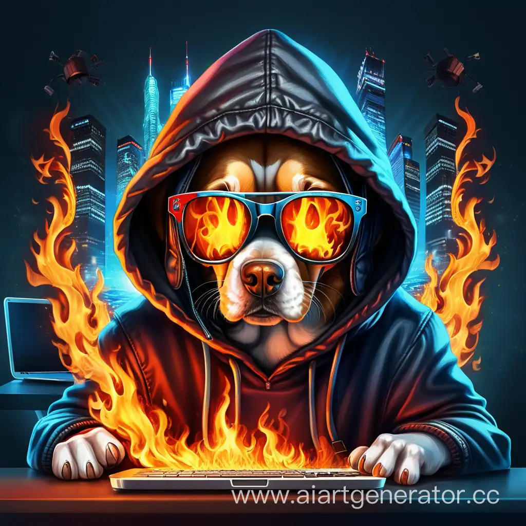 сумасшедший пес хакер в капюшоне и очках с горящей головой  аватарка хакер