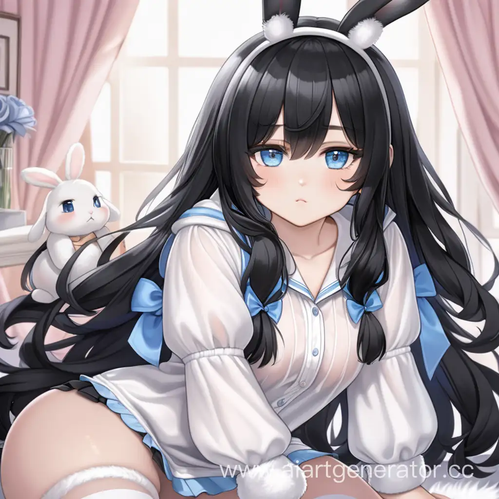 Femboy, long black wavy hair, smooth facial features, blue tired eyes, blush, fragile figure, thicc things, white fluffy short blouse, bunny hood, white fluffy short skirt, translucent stockings
