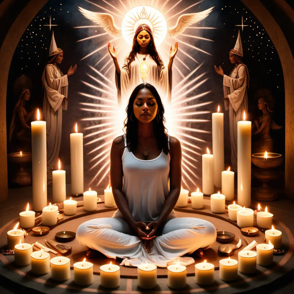 Meditative Woman Surrounded by Sacred Symbols and Angelic Energy