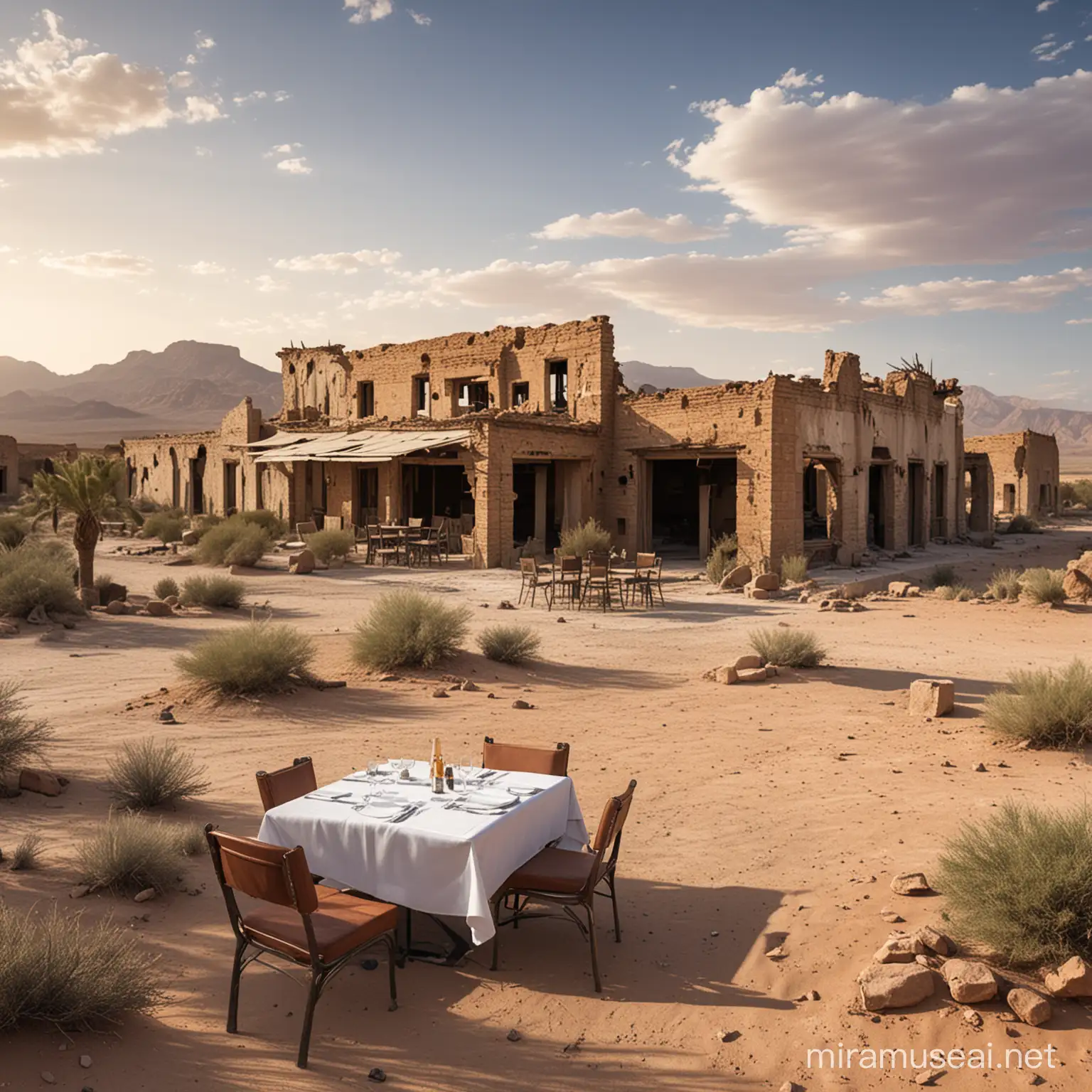 A desert landscape with a restaurant in ruins