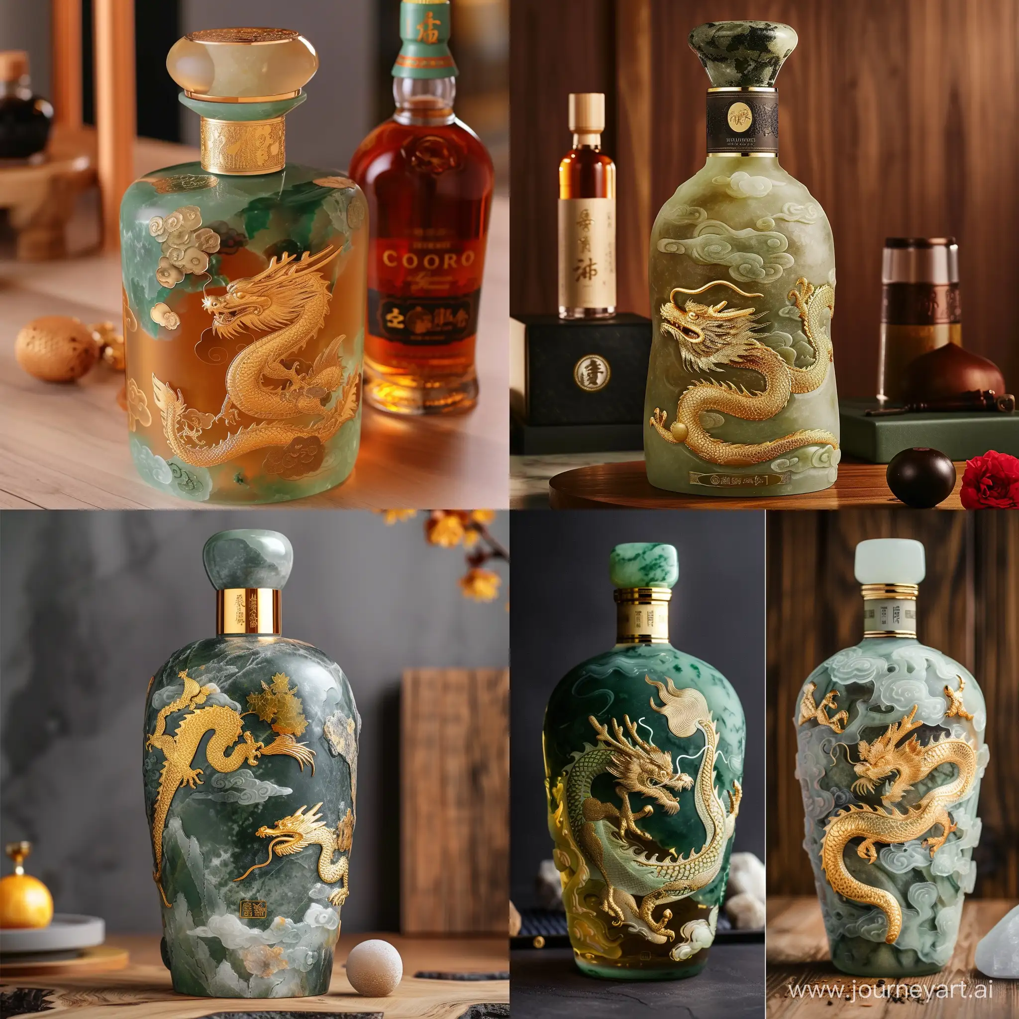 Crea una botella de whisky con un material de jade y oro. Edición limitada celebrando el aniversario número 100 de la empresa, y además con un diseño de dragón haciendo referencia al año nuevo chino.