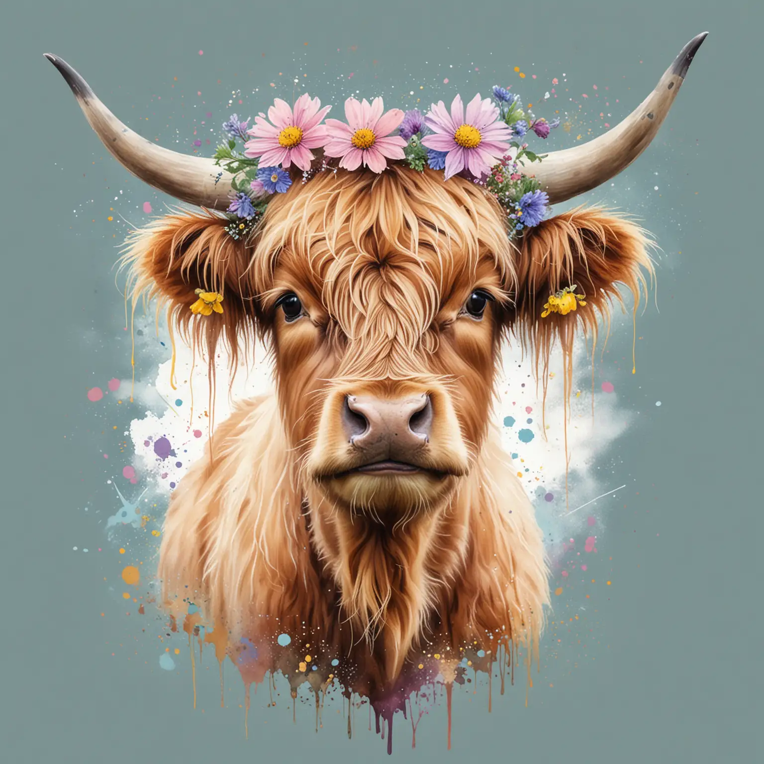 Highland Calf Portrait Whimsical Watercolour Effect with Pastel Splatter and Floral Adornments