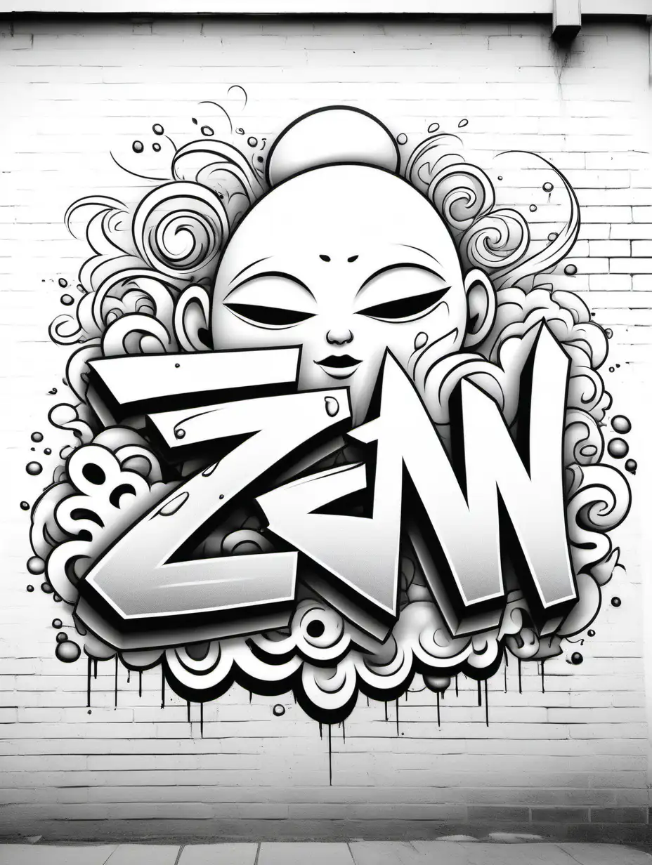 Create a colouring page, all white , black outline, no colour,graffiti art with the word Zen on the wall, no shading, low detail, cartoon style, white background , colouring page