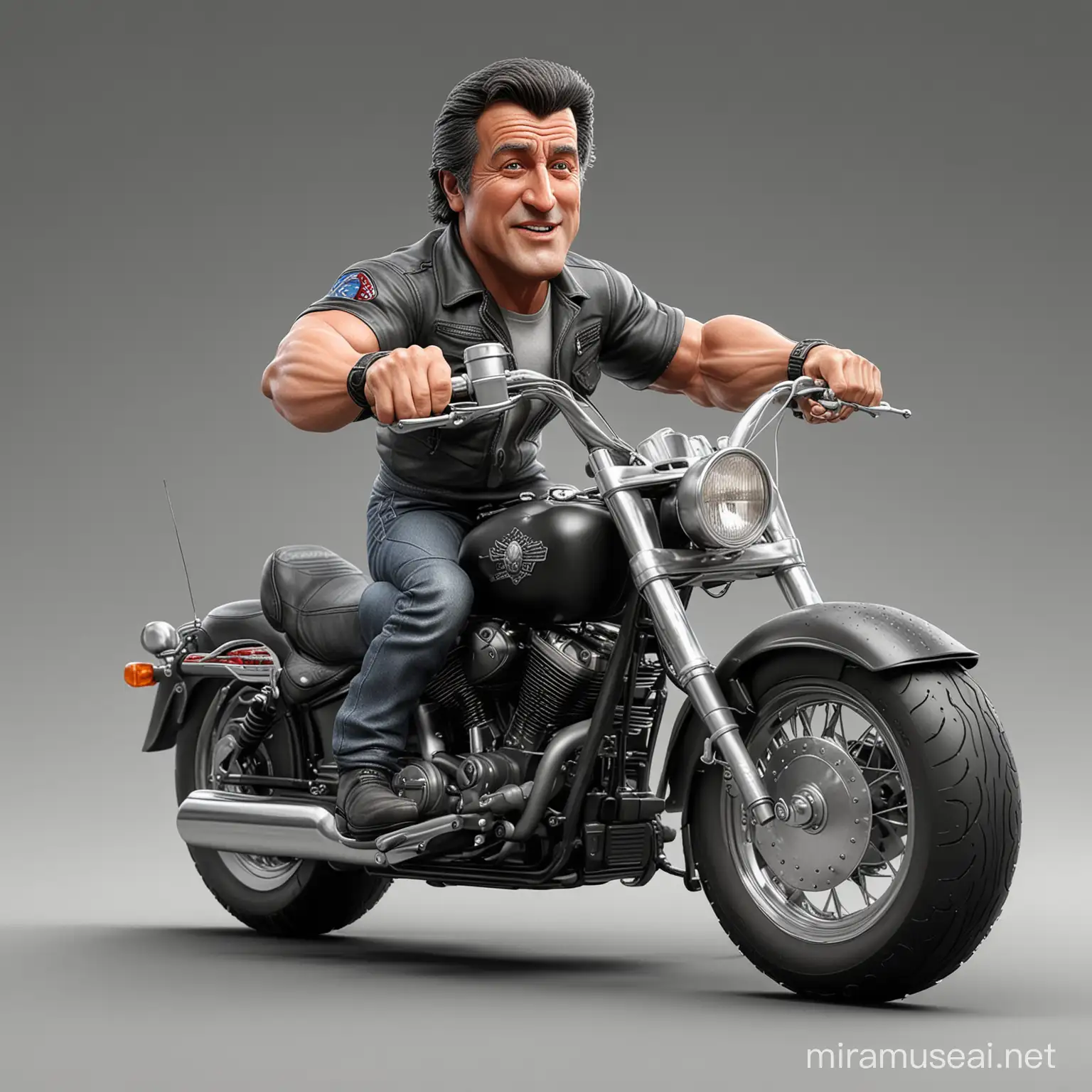 Photo realistic karikatur 3d cartoon, Silvester Stallone naik motor Harley Davidson, background abu-abu, 16k, high resolusi