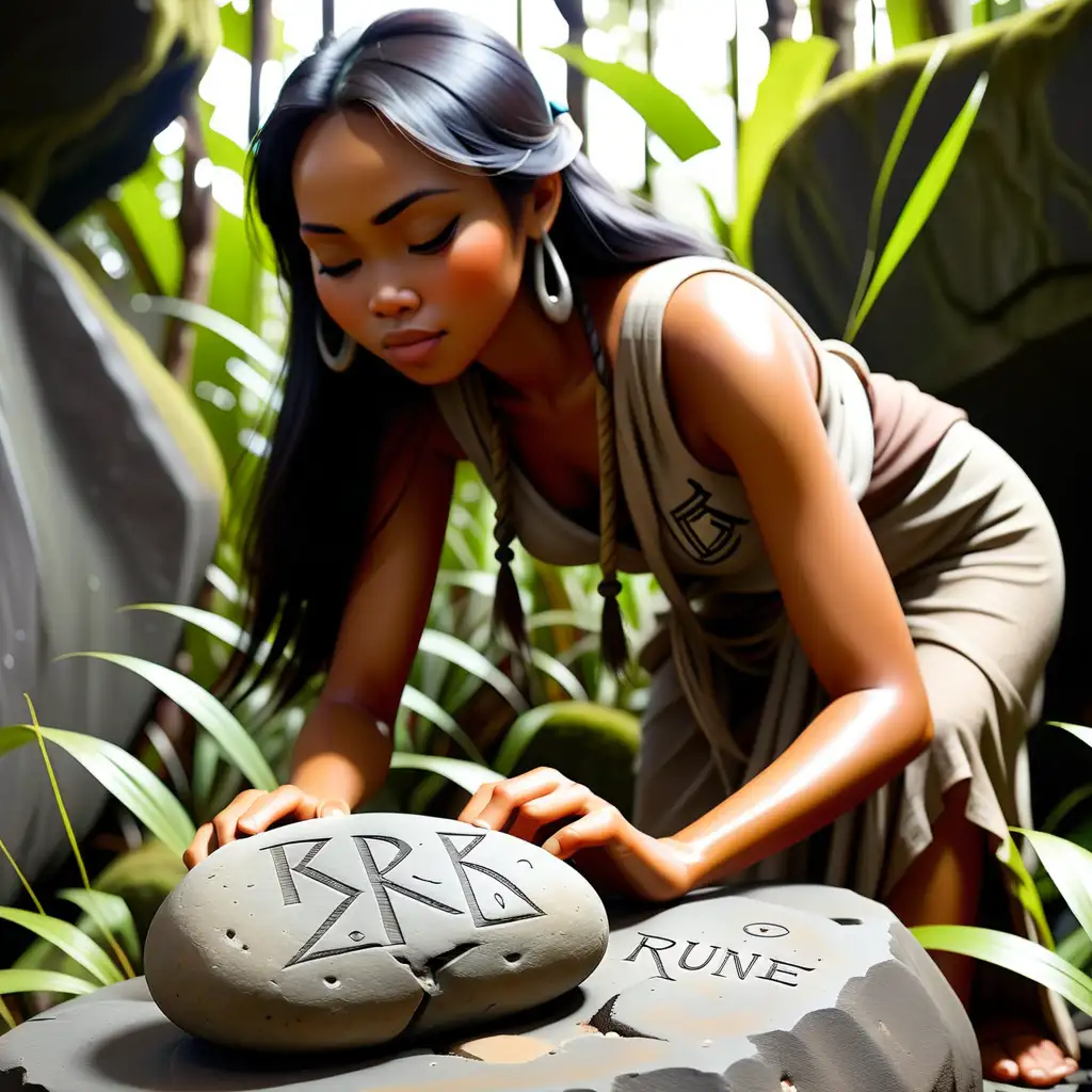 A stone with "RUNE" written, Beautiful Indonesian woman finding