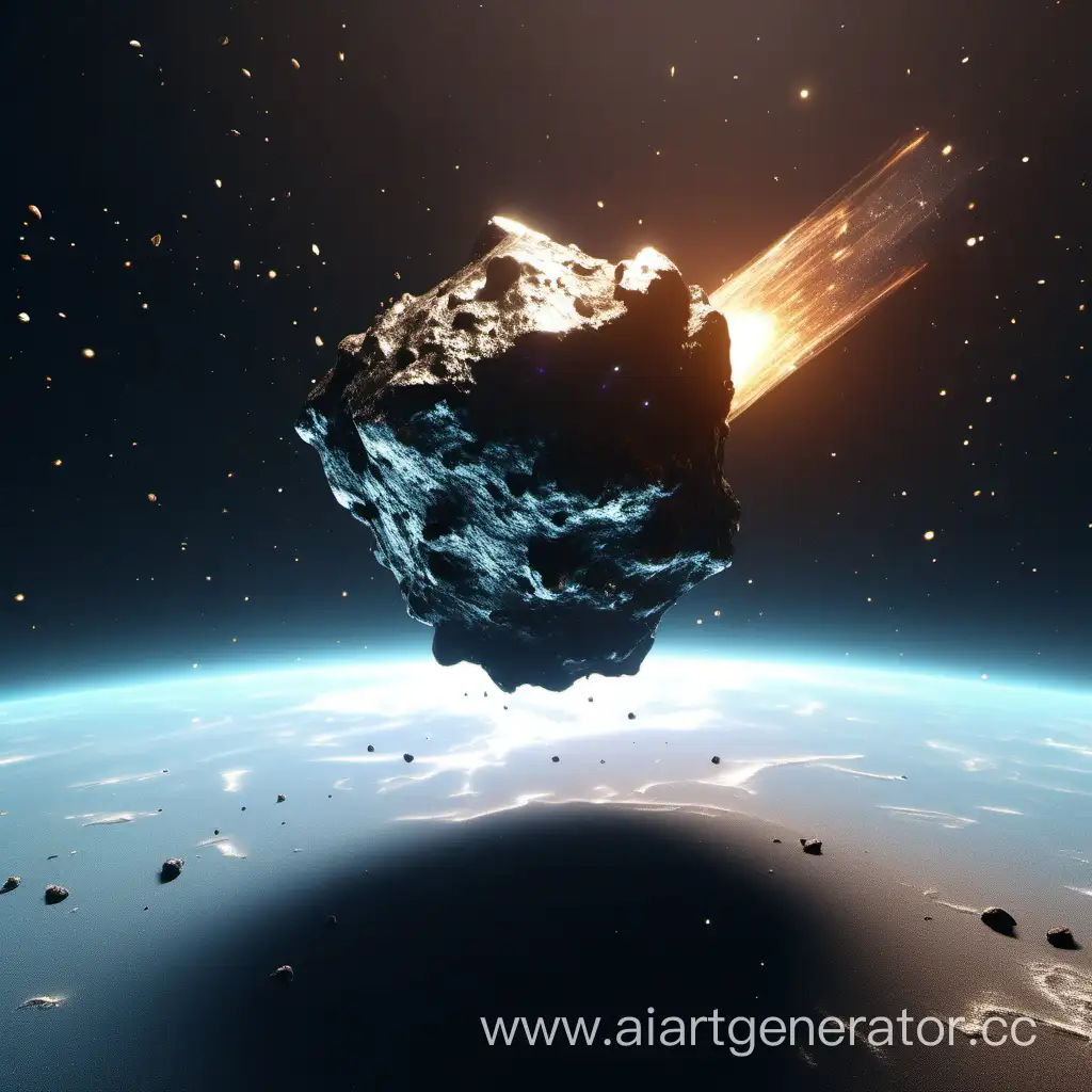 Spectacular-Floating-Meteorite-over-4K-Rendered-Planet