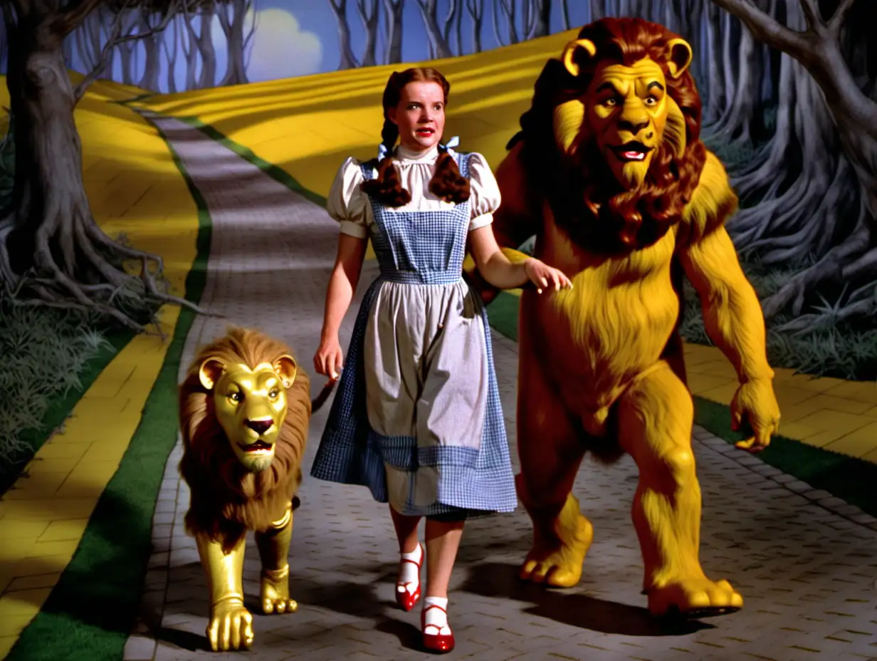 Dorothy and cowardly lion on the yellow brick road