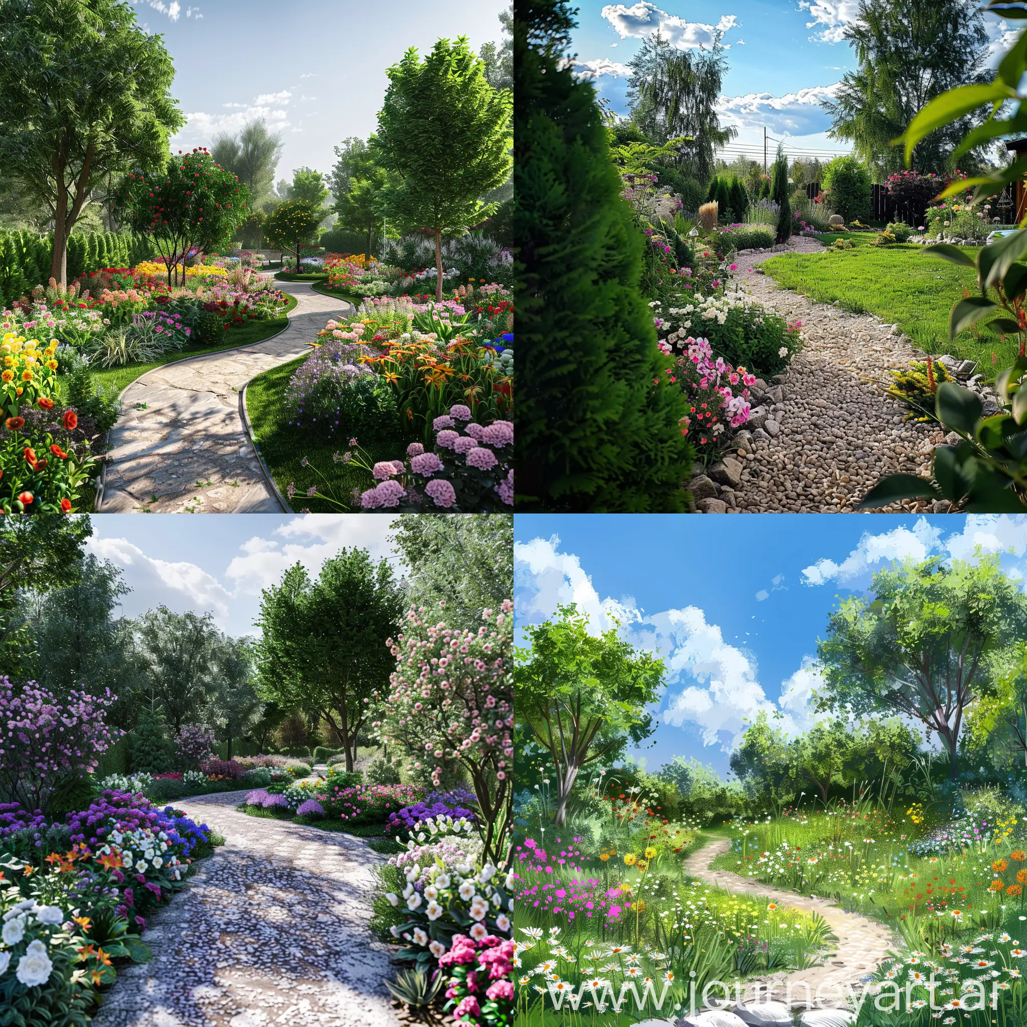 landscape of my yard (100 M2) with flowers, trees and little road