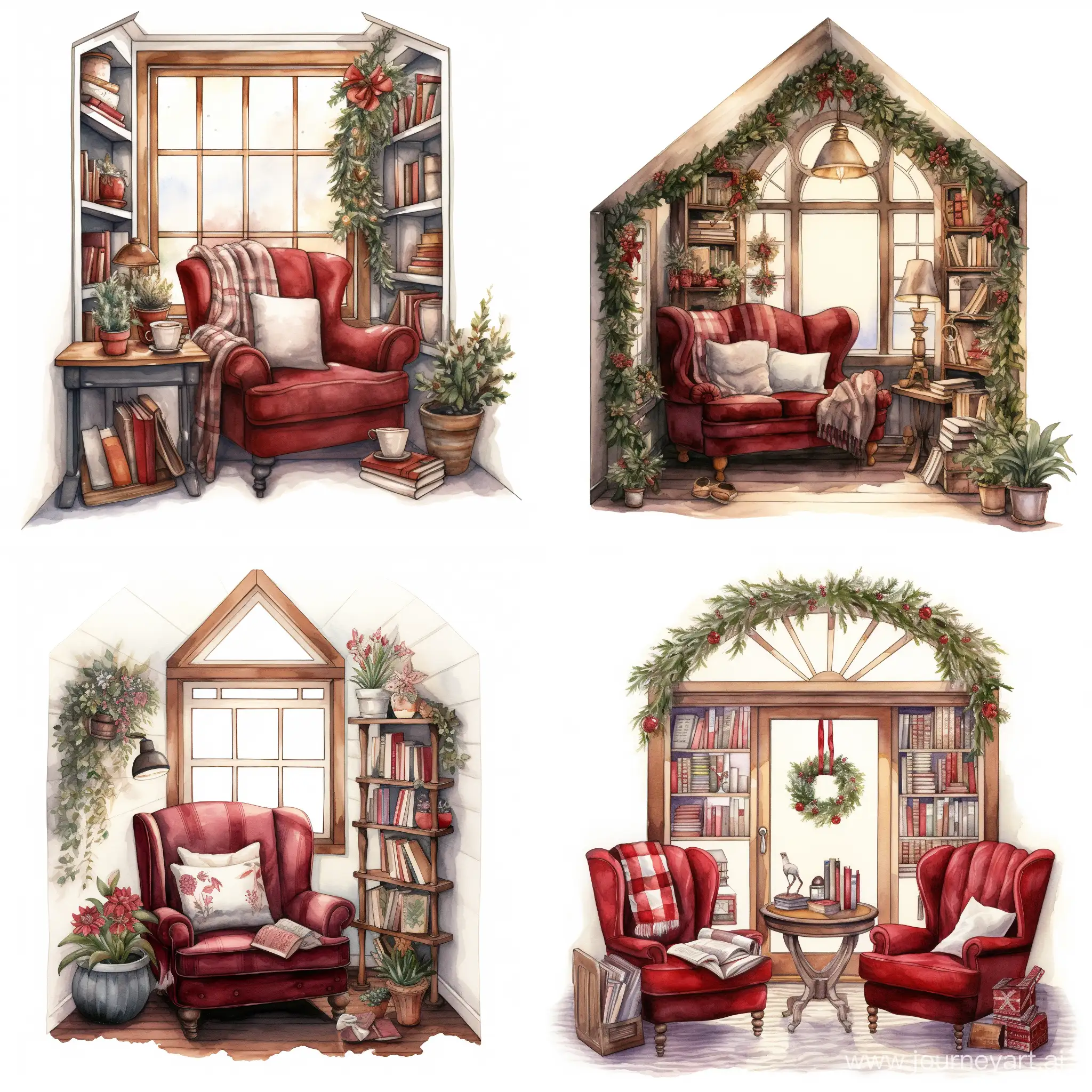 an illustration of a realistic reading nook, wintery, christmas, in the style of realistic watercolors, realistic and hyper-detailed renderings, watercolorist, watercolor by tinytoesdesign, dark cranberry color, farmcore, cottagecore, solid white background