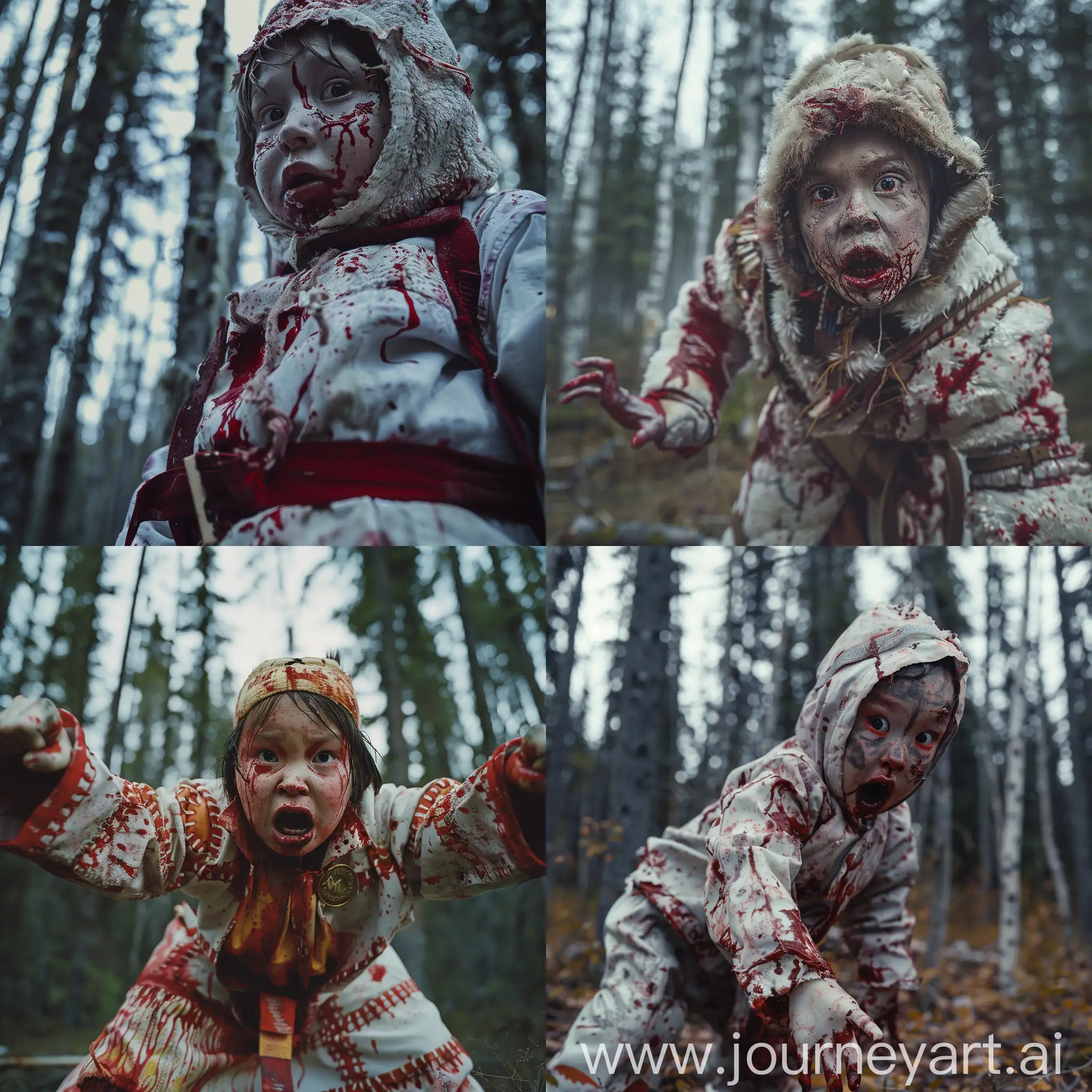 A long-shot cinematic film, still made with an Arri 435 camera and a 32mm Atlas anamorphic lens, based on the frightening deformed child wearing blood-stained Eskimo clothes, ready to fight looking at the camera. in the woods in Alaska. Bright color scheme, scary, horror