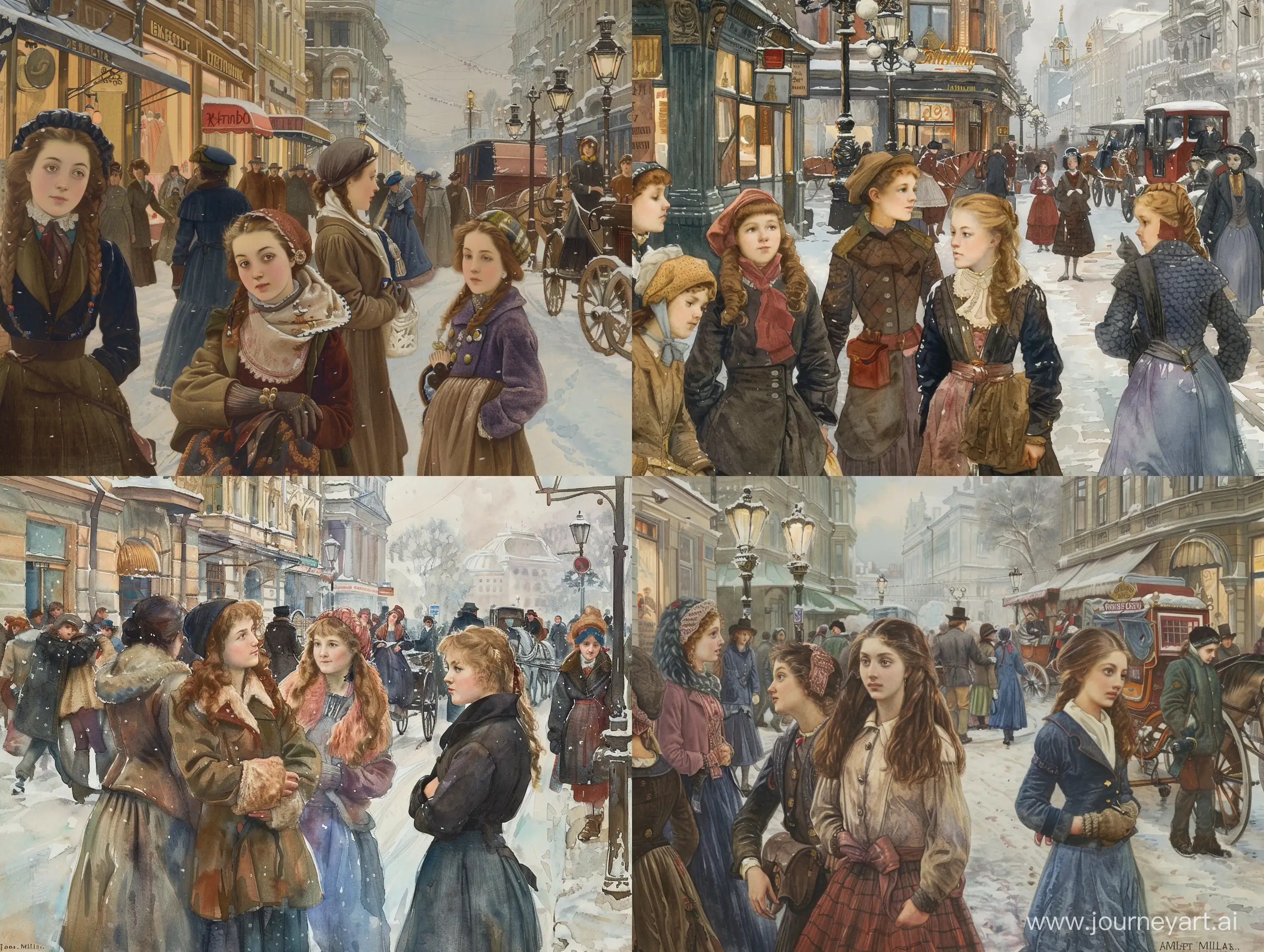 Subject: The central theme of the image is a winter scene in Moskau in 1890, capturing the essence of a busy street Arbat. The focus is on a group of high scool students girls, highlighting the fashion and lifestyle of the time. The artist, John Everett Millais, skillfully brings the historic setting to life through his Wathercolor painting. Setting: The background features a bustling street in Moskau during winter, creating a lively atmosphere with people engaging in various activities. The winter setting adds a charming touch, with perhaps snow-covered streets and vintage architecture Arbat. Style/Coloring: Millais employs the classic style of oil painting, using rich and warm colors to evoke the ambiance of the early 19th century. The winter palette may include cool tones like blues and grays, contrasting with the vibrant colors of the girls' clothing. Action: The girls are depicted engaging in daily life activities, suggesting movement and vivacity. Millais captures the dynamic energy of the busy street, enhancing the narrative of the era. Items/Costume: The girls are likely adorned in fashionable clothing of the time, showcasing the trends and styles prevalent in 1890 Moskau. The painting may feature accessories such as hats, gloves, and other period-specific items. Appearance: The characters' appearances are refined and sophisticated, reflecting the societal norms and fashion of the early 19th century. Millais pays attention to detail, emphasizing the unique facial expressions and features of each individual. Accessories: The accessories in the painting, such as street lamps, horse-drawn carriages, and storefronts, contribute to the historical context. These details add depth and authenticity to the overall composition.