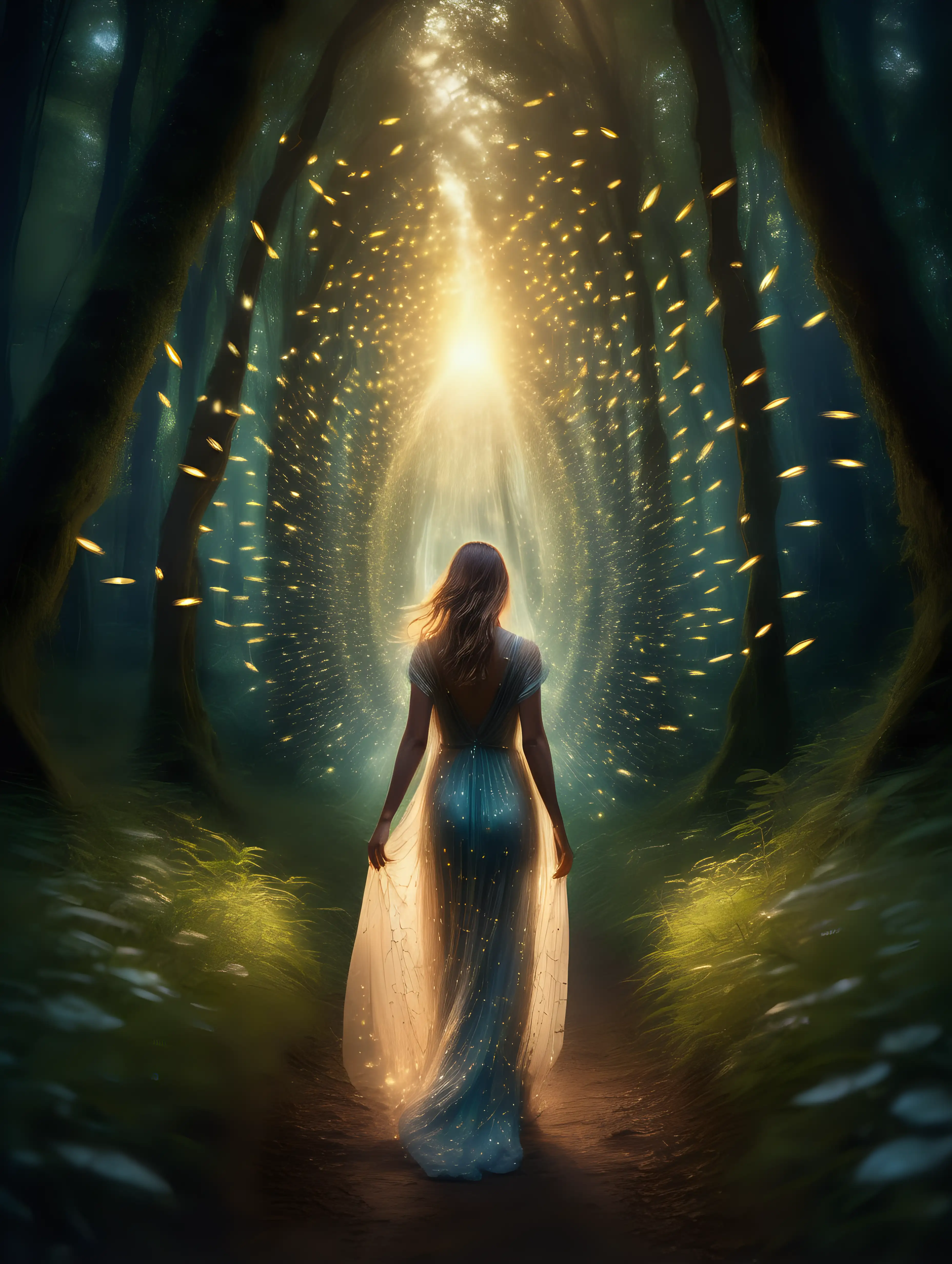 a woman walking through an enchanted forest with a glowing dress of fire flys she is walking towards a portal and sunlight is streaming through the portal 
Theme: mystical, nature, beautiful, goddess, ascension 