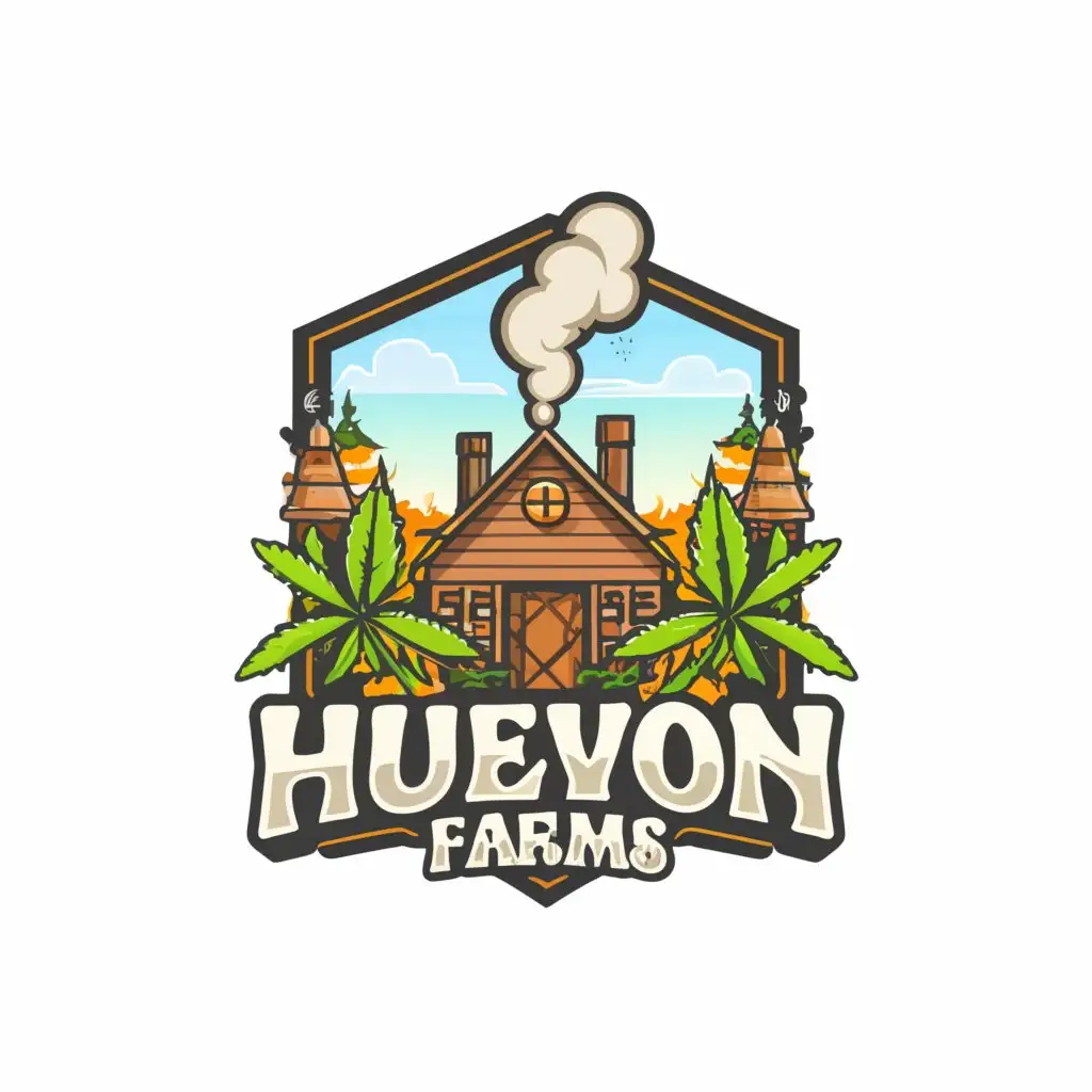 a logo design,with the text "Huevon Farms", main symbol:Cartoon Farm house with smoke coming out of it with cannabis plants around it,complex,clear background