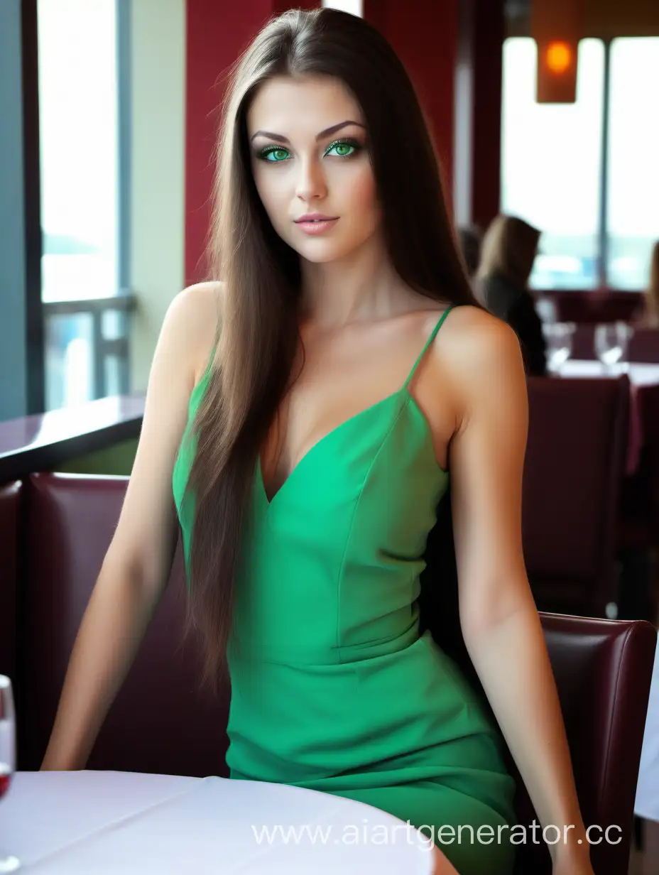 Красивая девушка брюнетка с длинными волосами и зелеными глазами из эскорта на высоких каблуках в ресторане в полдень