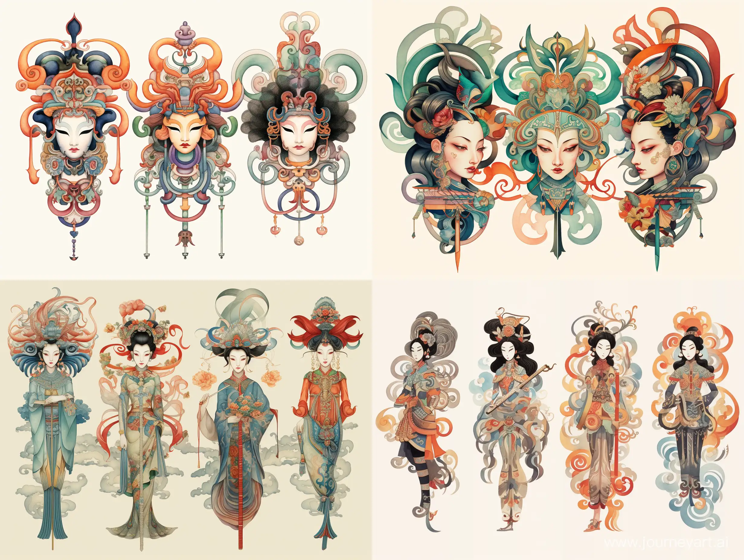 Four variations of the ancient Chinese ornament, stylized caricature, Victor Ngai, watercolor, decorative, flat drawing