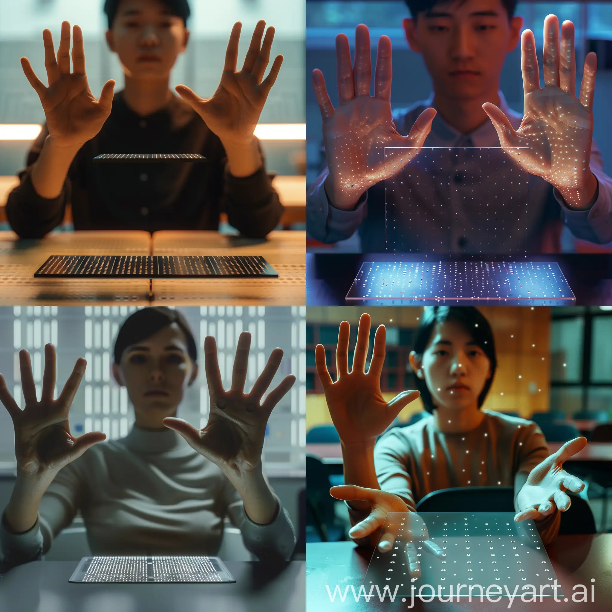 photo realistic Hyperbole,8k photo of a person sitting in front of the camera, one hand raised , both palms facing down ,bottom of palm facing top of flat array, with tiny holes, both hands is held palm face down over flat array, under the palm of the hand, palm faced down, in an educational environment, the image focuses on their upper body and hands as they interact , which are indicated by their focused gaze and hand movements in the empty space in front of them, The person is surrounded by a futuristic classroom setting, illuminated with soft, ambient lighting, 