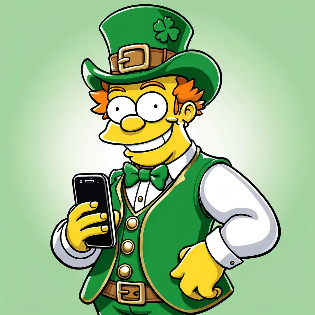 a picture of a friendly smiling leprechaun, cartoon, in Simpsons style illustration, holding a smartphone, wearing a leprechaun outfit
