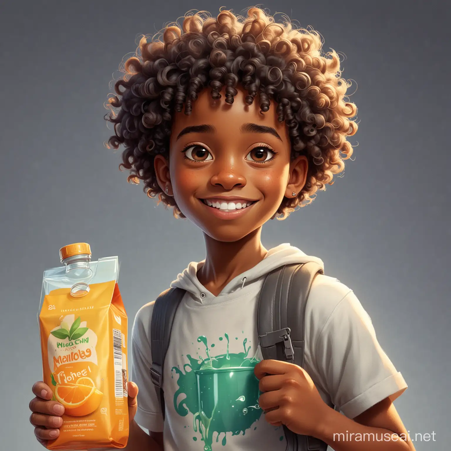 A cartoon picture of a 12-year-old black boy holding a bag and juice with long curly hair