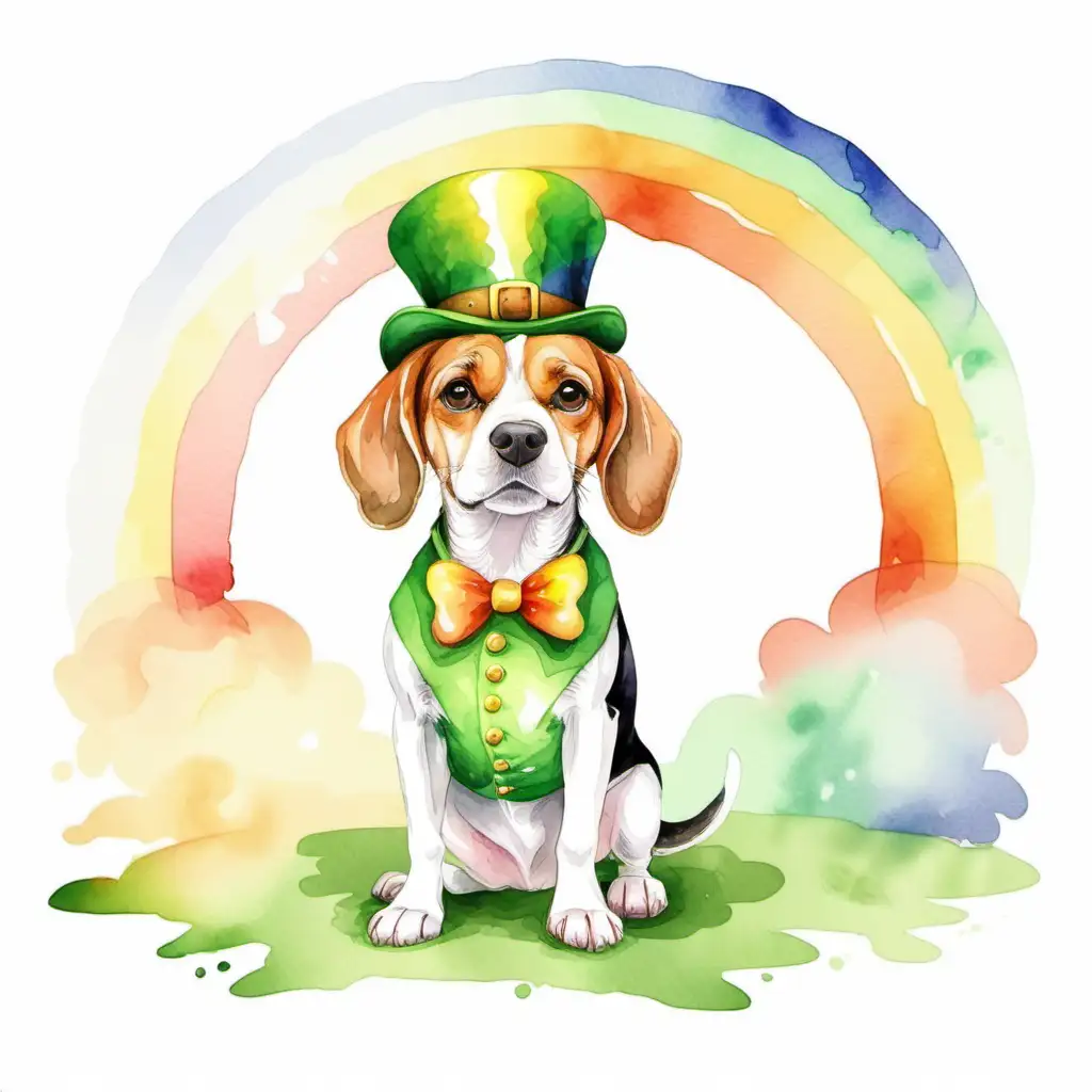 watercolor style, a leprechaun beagle  in front of a rainbow on a white background.
