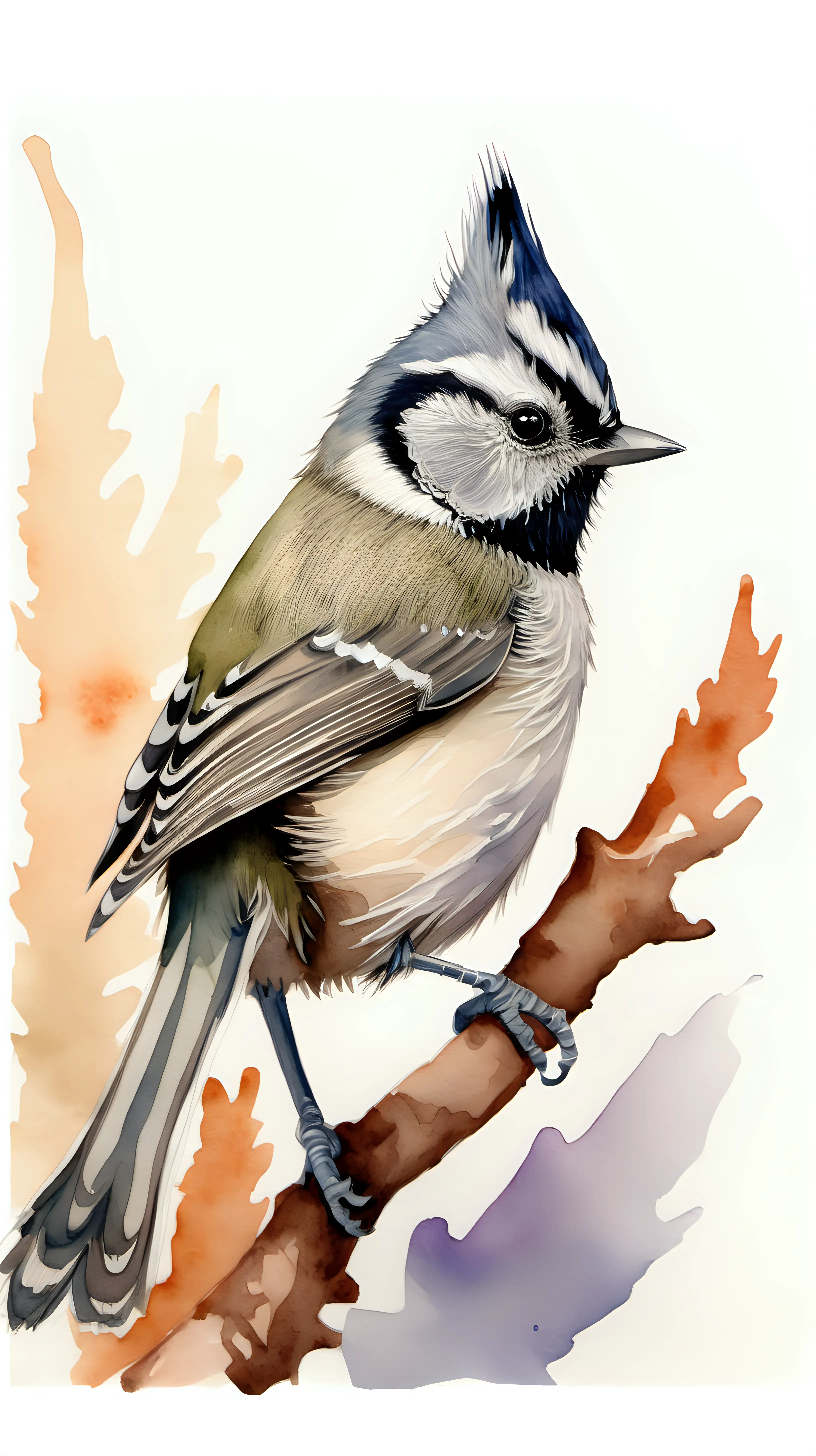 Generate as true to life as possible a Crested 
Tit bird in watercolor