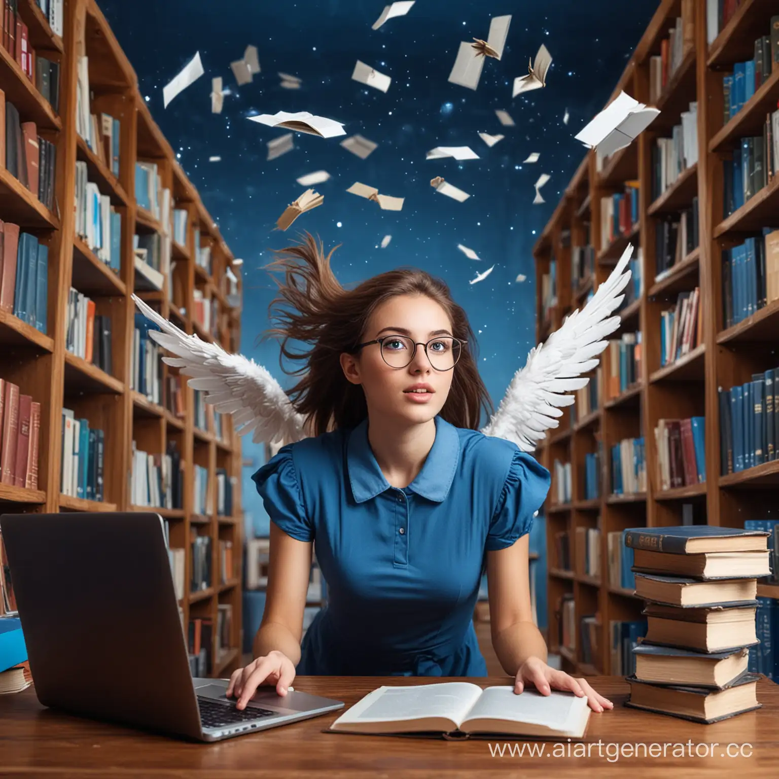Enchanting-Girl-Surrounded-by-Flying-Books-in-a-Library-with-a-Blue-Screen-Laptop