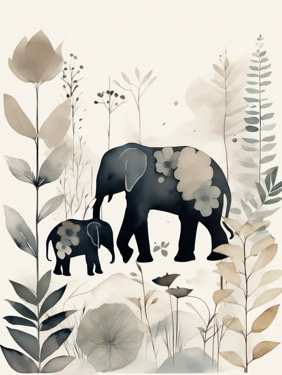 Minimalist Japandi art piece, embodying a harmonious blend of Japanese and Scandinavian aesthetics featuring elephants, surrounded by various plant motifs including wildflowers. Visible brush strokes, neutral shapes on white background. Emphasize thick, deliberate lines for a minimalistic and clean look. Incorporate muted tones in a watercolor style, with a composition of stripes and shapes. The artwork should demonstrate juxtaposed elements, showcasing a clever use of negative space to create balance and serenity. The overall feel should be calming and refined, capturing the essence of both Japanese simplicity and Scandinavian functionality in a gallery art setting.