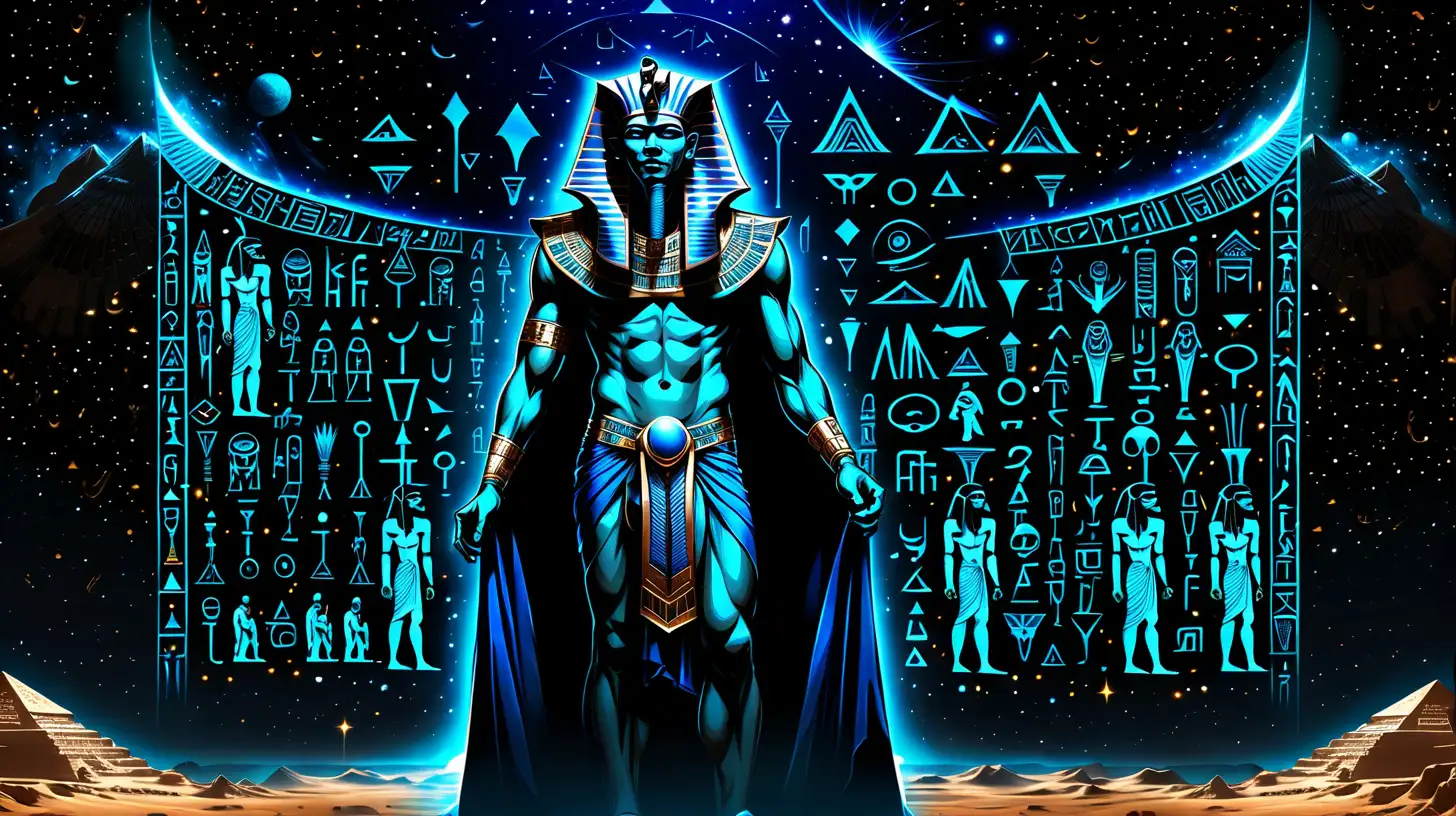 Dark outer space Background, Space Egyptian Male God, long, blue cloak with illuminated heiroglyphics all over it, tall, inverted conical headwear, also with illuminated heirglyphs