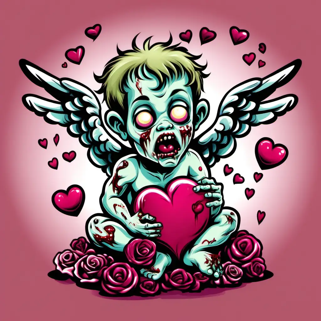 a valentines cherub but as a zombie, eating another valentines cherub. use cartoon style. use solid colors. do not use color gradients.
