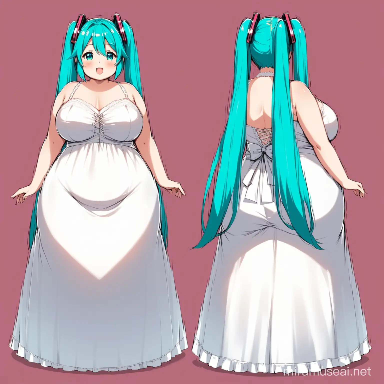 Fat and chubby Hatsune miku in a marriage dress (front, side, and back view) (100 steps)