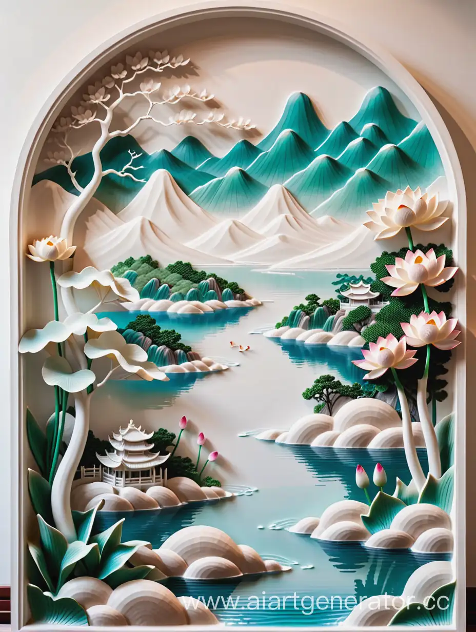 white basrelief sculpture of landscape with mountains and lotus in lake in chinese style