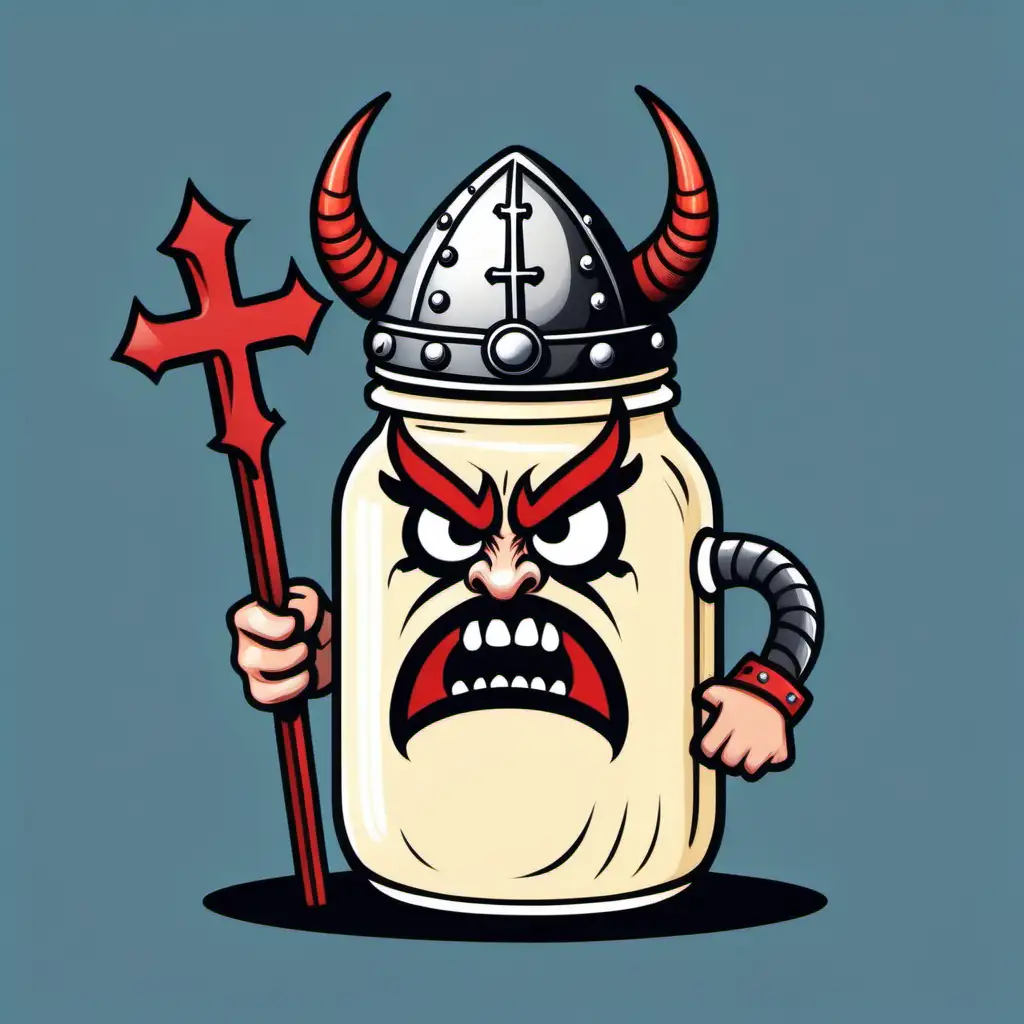 angry cartoon jar of mayonnaise wearing a viking horned helmet holding the cross of satan