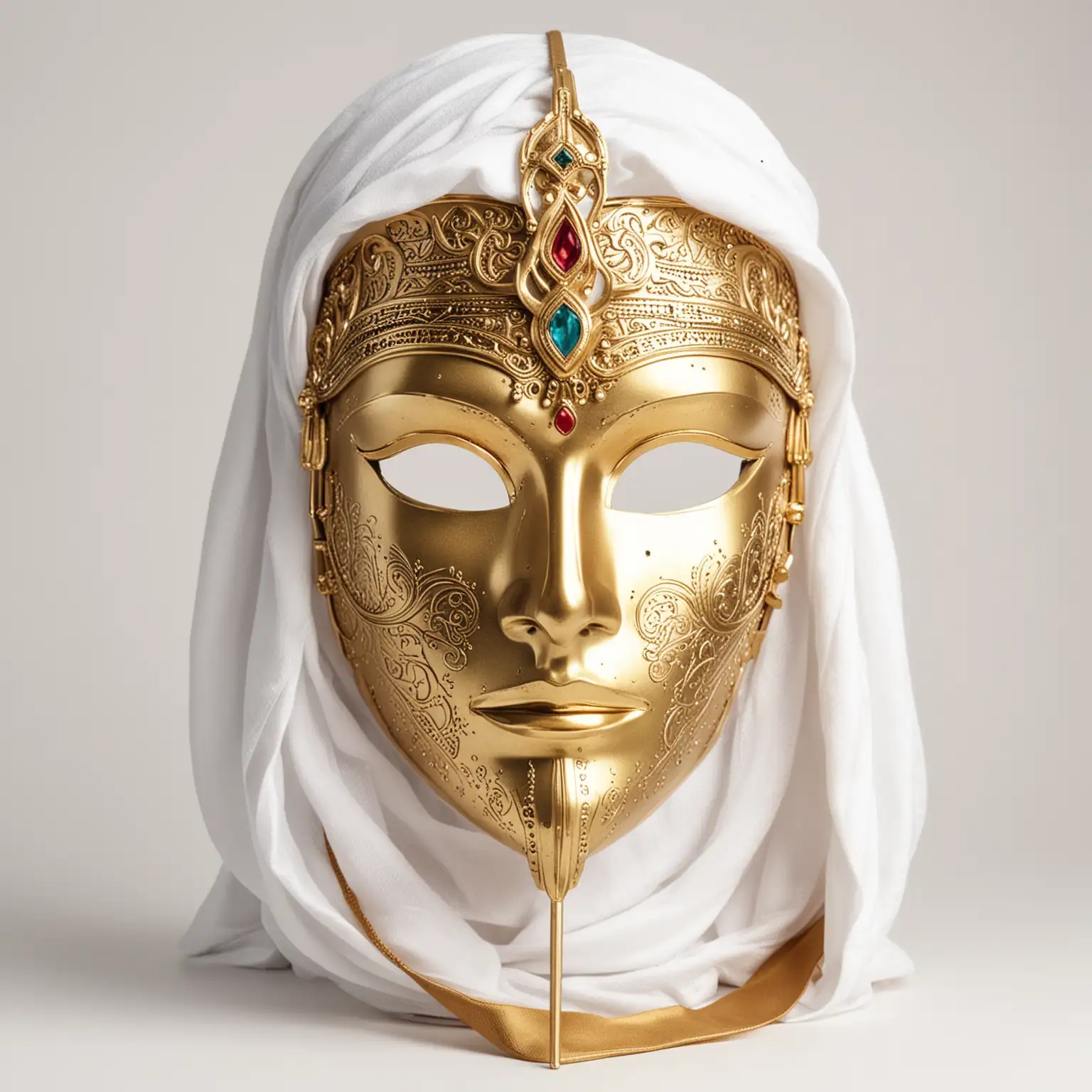arabian full golden mask, high contrast light from one side,. white background