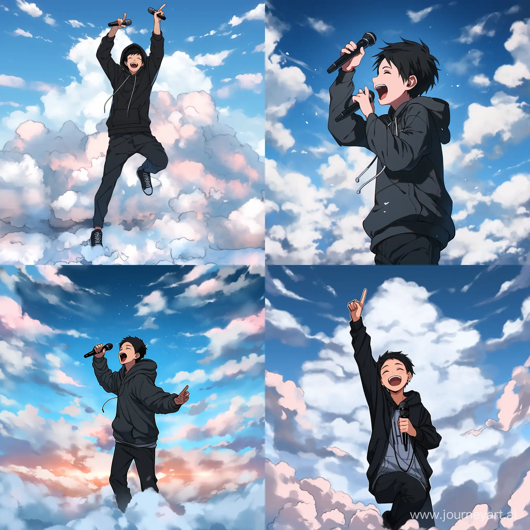 Young male artist, black hoodie, back turned, standing on peak, Singing microphone in hand, mesmerizing helding up like victory vibrant pose, Sky and clouds in front, Blue sku in the background --niji