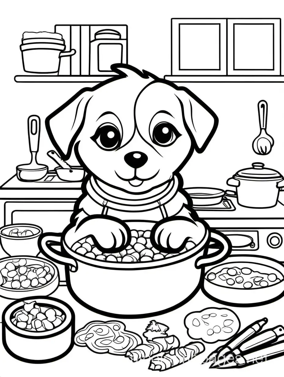 puppy cooking. white background, Coloring Page, black and white, line art, white background, Simplicity, Ample White Space. The background of the coloring page is plain white to make it easy for young children to color within the lines. The outlines of all the subjects are easy to distinguish, making it simple for kids to color without too much difficulty