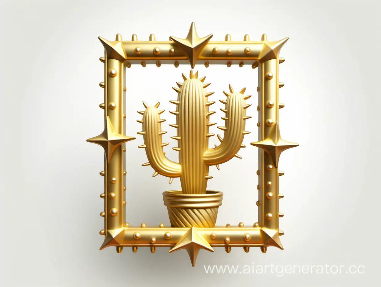 Elegant-3D-Fantasy-Golden-Cactus-Vintage-Frame-on-White-Background