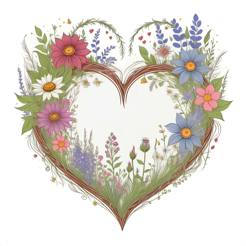 fairytale boho  heart with wildflowers,no text, vector, white 
background 